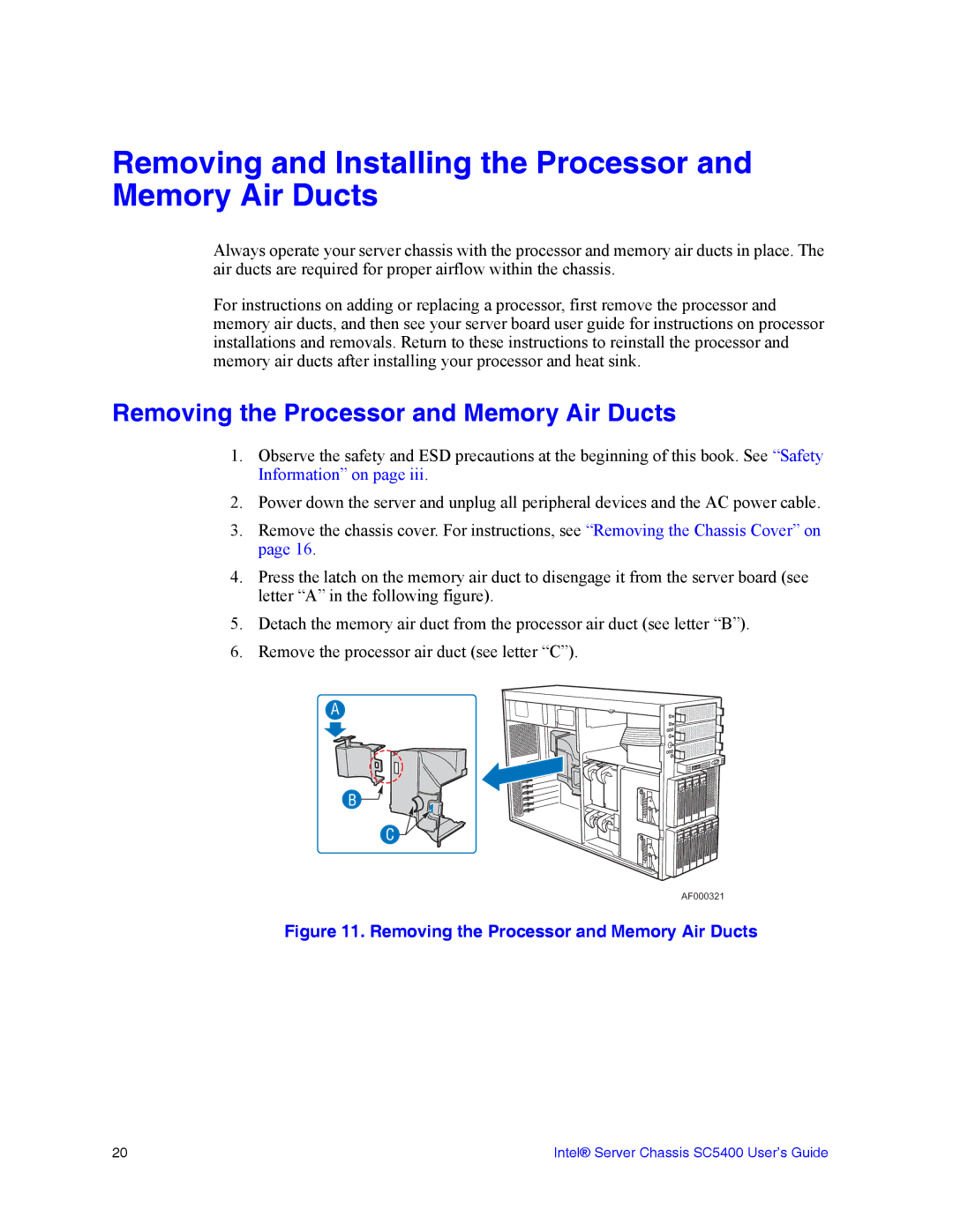 Intel SC5400 manual Removing and Installing the Processor and Memory Air Ducts, Removing the Processor and Memory Air Ducts 