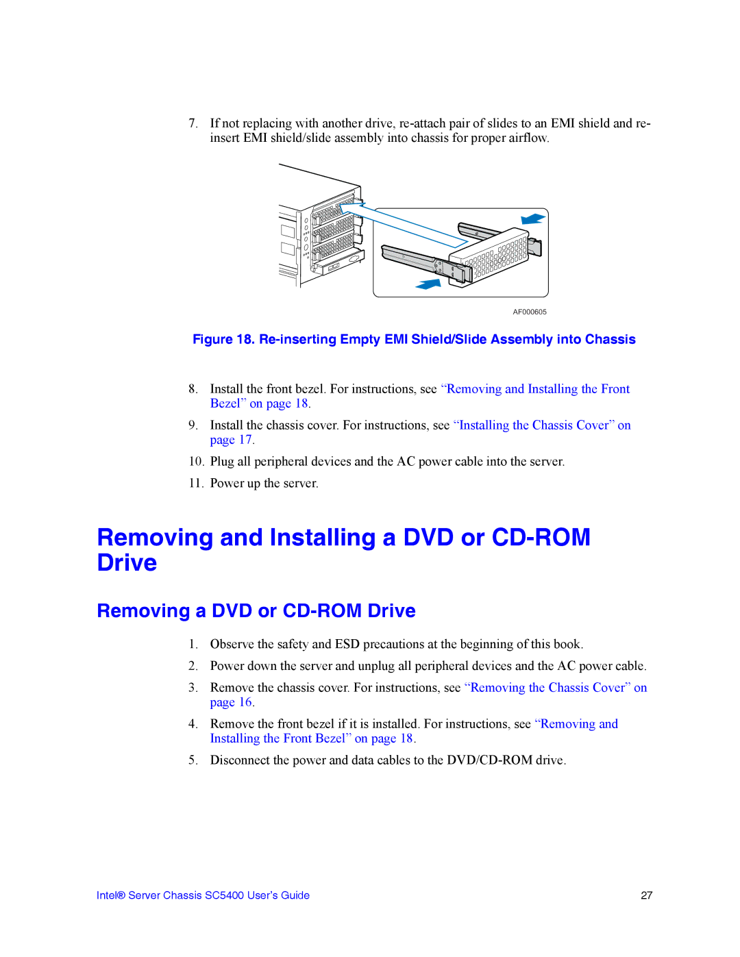 Intel SC5400 manual Removing and Installing a DVD or CD-ROM Drive, Removing a DVD or CD-ROM Drive 