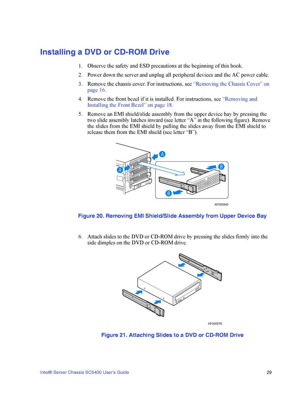 Intel SC5400 manual Installing a DVD or CD-ROM Drive, Removing EMI Shield/Slide Assembly from Upper Device Bay 