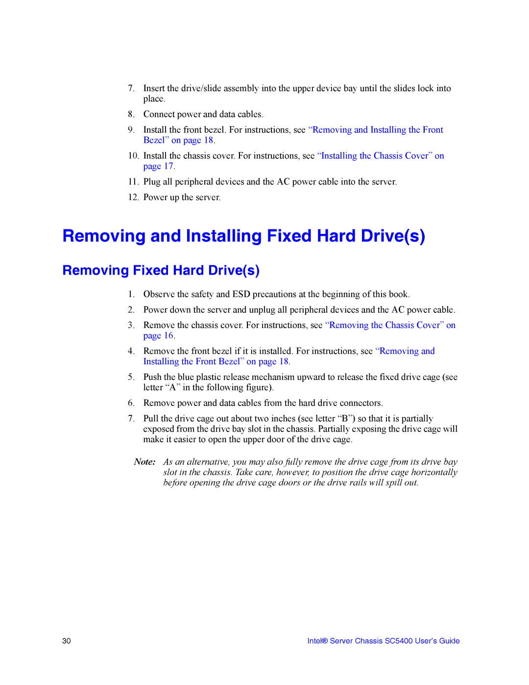 Intel SC5400 manual Removing and Installing Fixed Hard Drives, Removing Fixed Hard Drives 