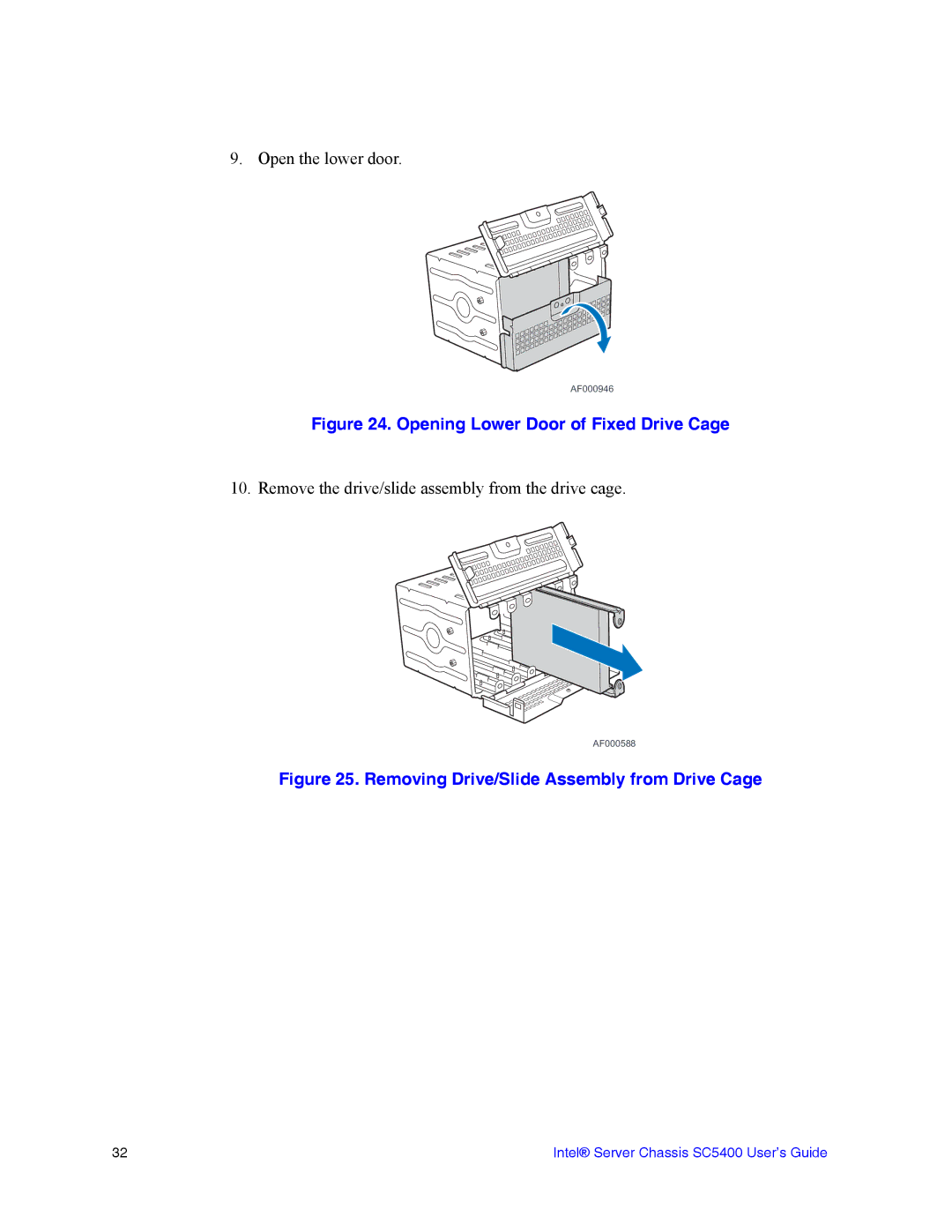 Intel SC5400 manual Opening Lower Door of Fixed Drive Cage 