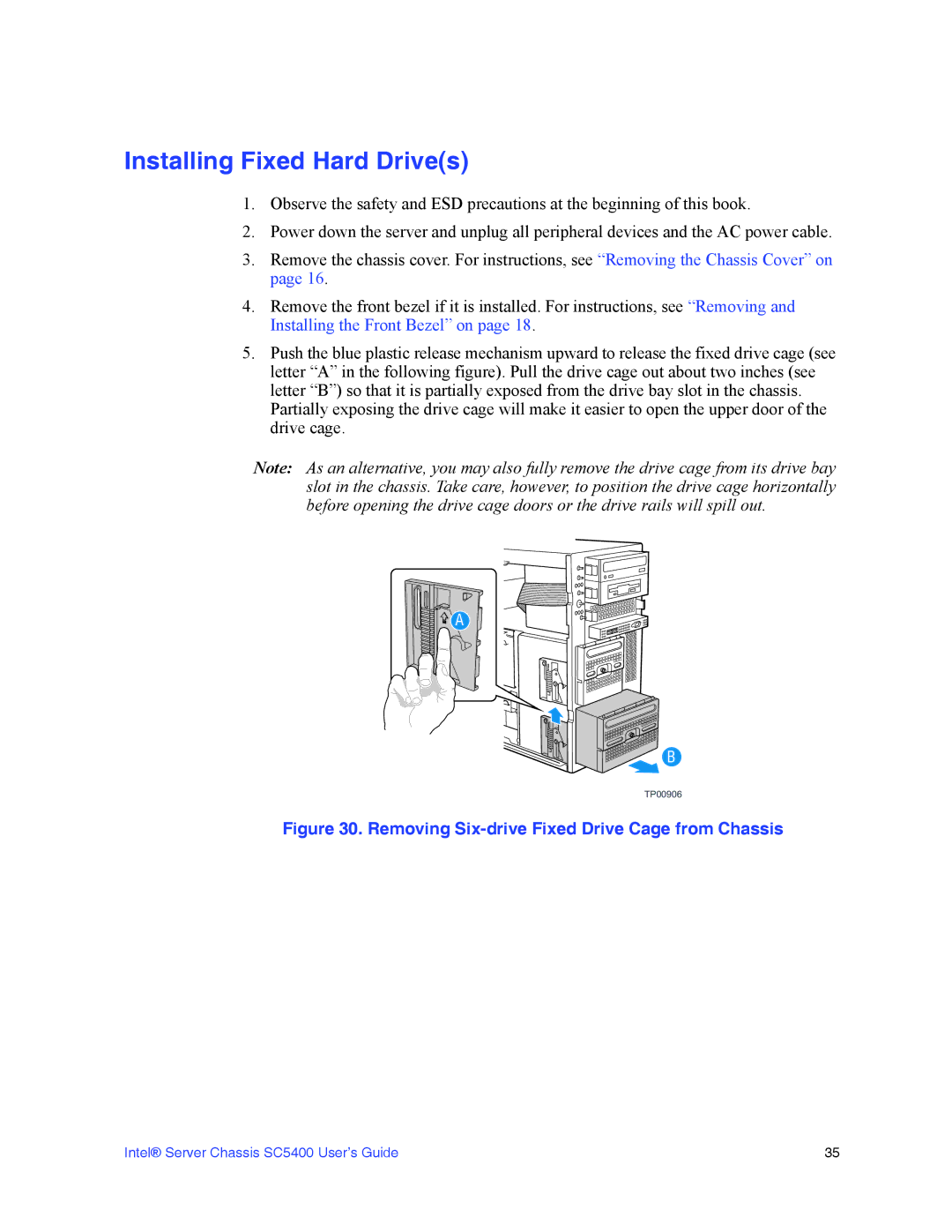 Intel SC5400 manual Installing Fixed Hard Drives, Removing Six-drive Fixed Drive Cage from Chassis 