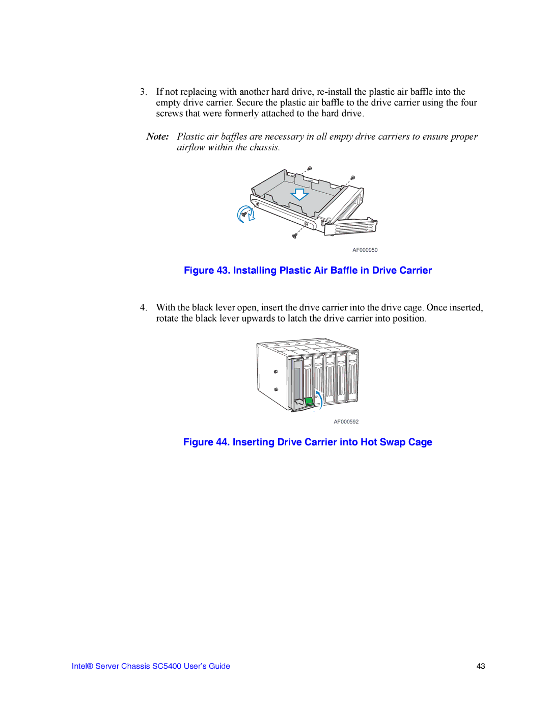 Intel SC5400 manual Installing Plastic Air Baffle in Drive Carrier 