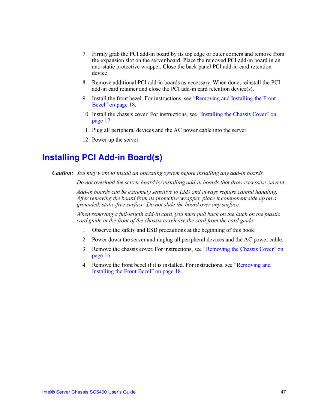 Intel SC5400 manual Installing PCI Add-in Boards 