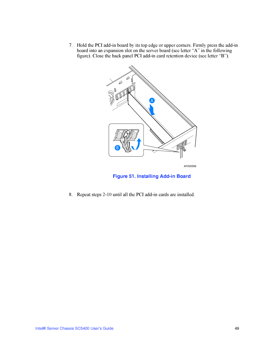 Intel SC5400 manual Installing Add-in Board 