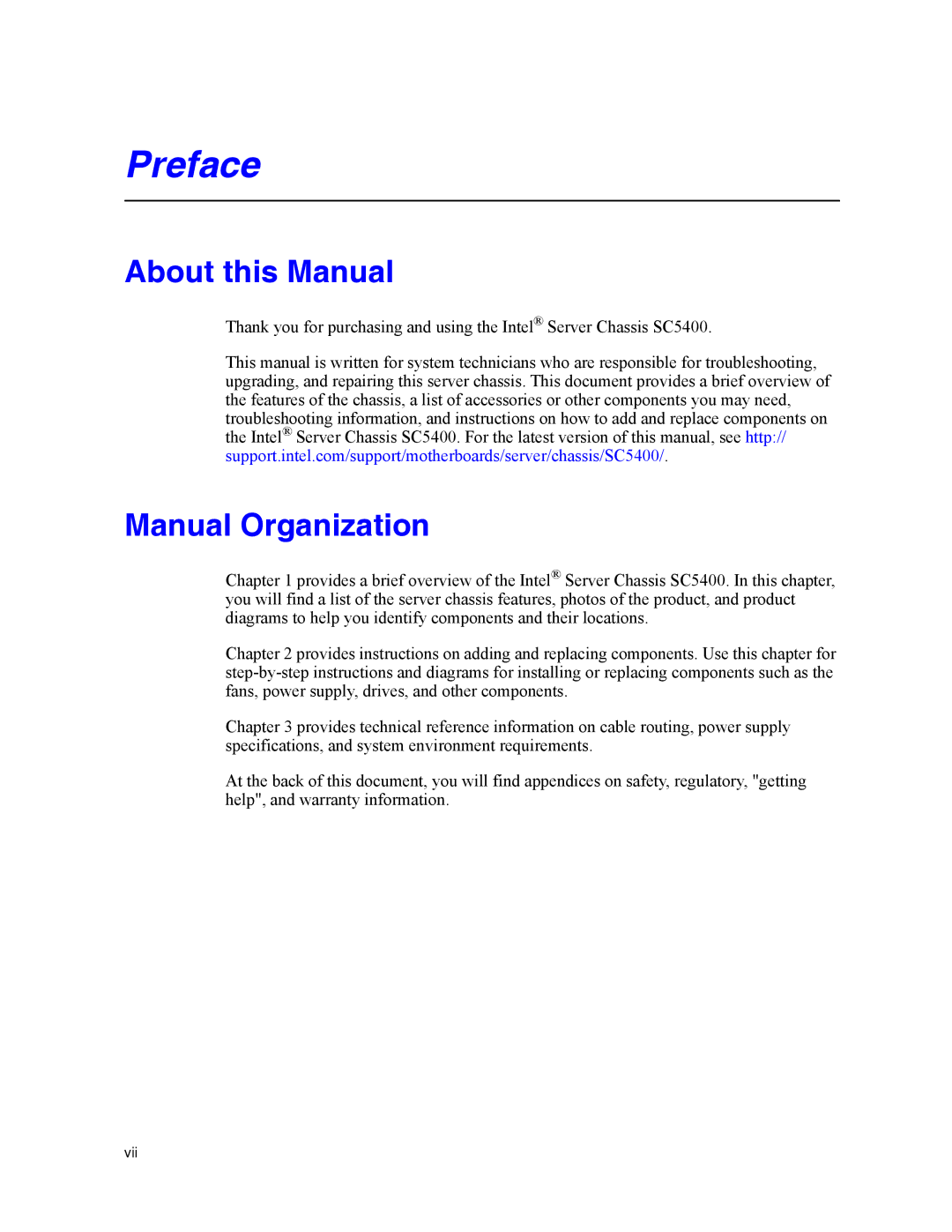 Intel SC5400 manual About this Manual, Manual Organization 