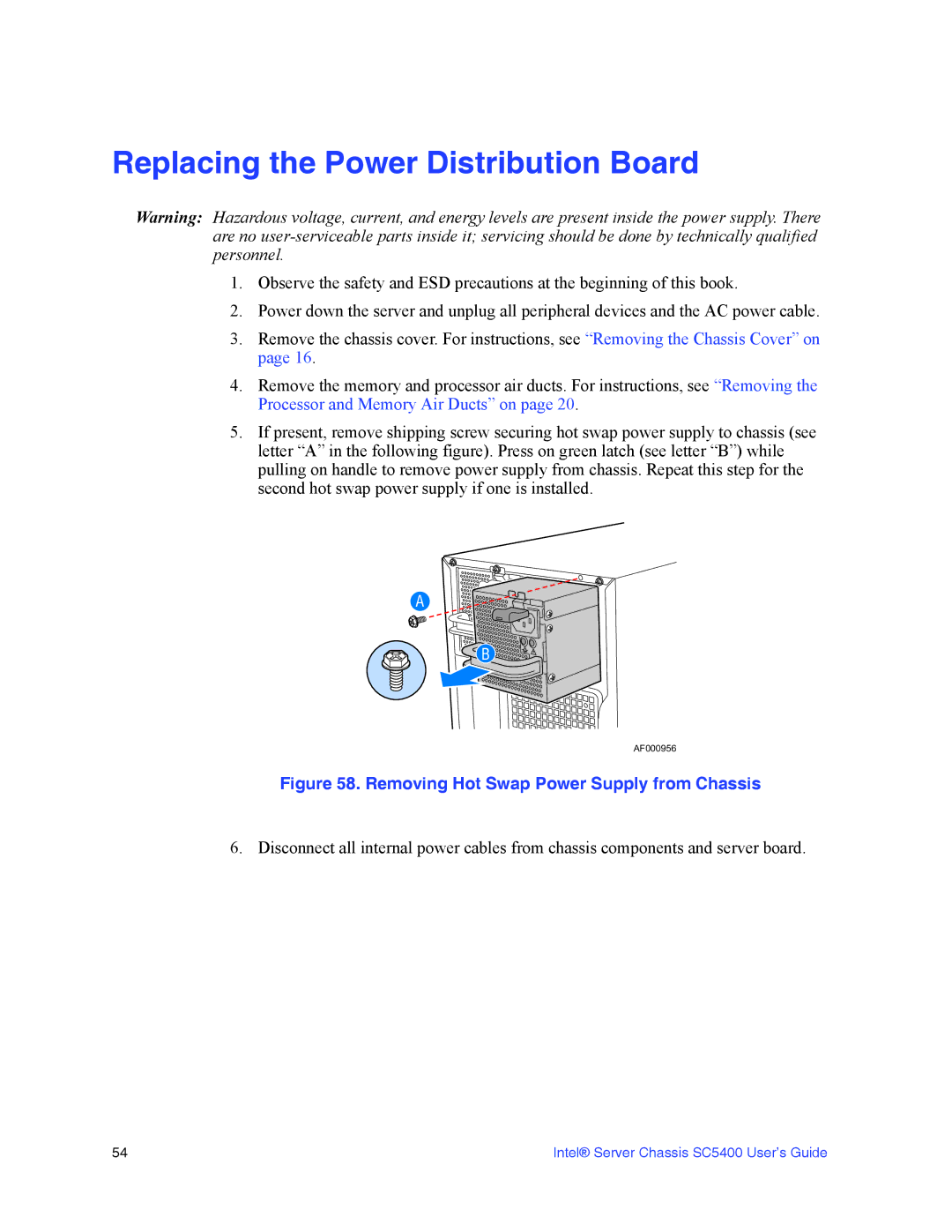 Intel SC5400 manual Replacing the Power Distribution Board 