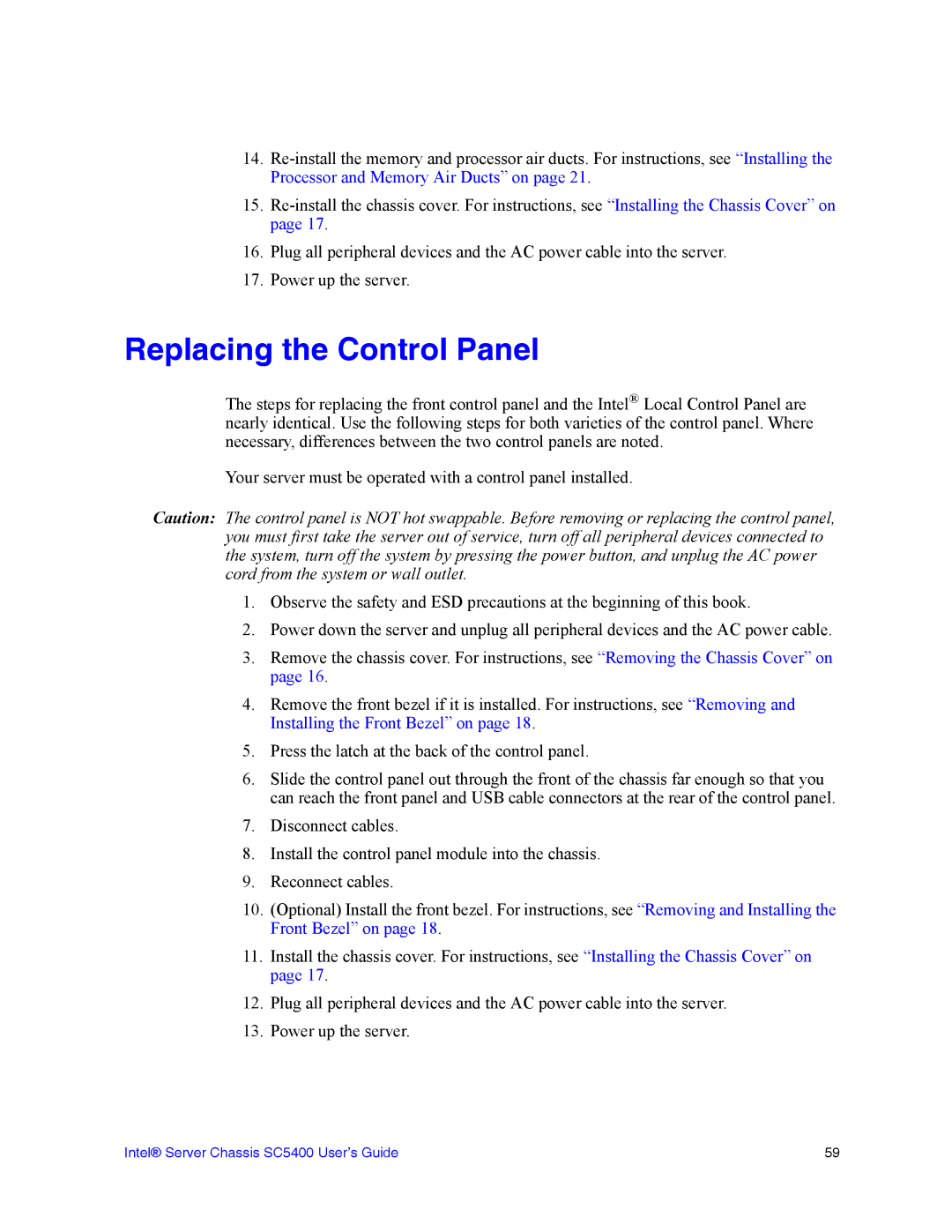 Intel SC5400 manual Replacing the Control Panel 