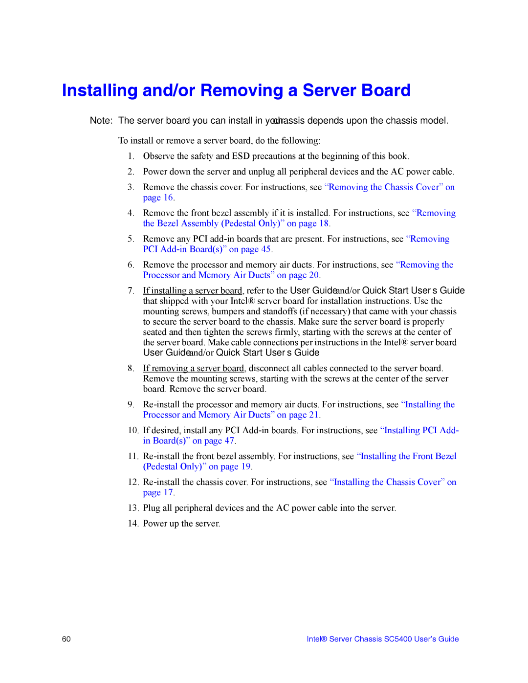 Intel SC5400 manual Installing and/or Removing a Server Board 