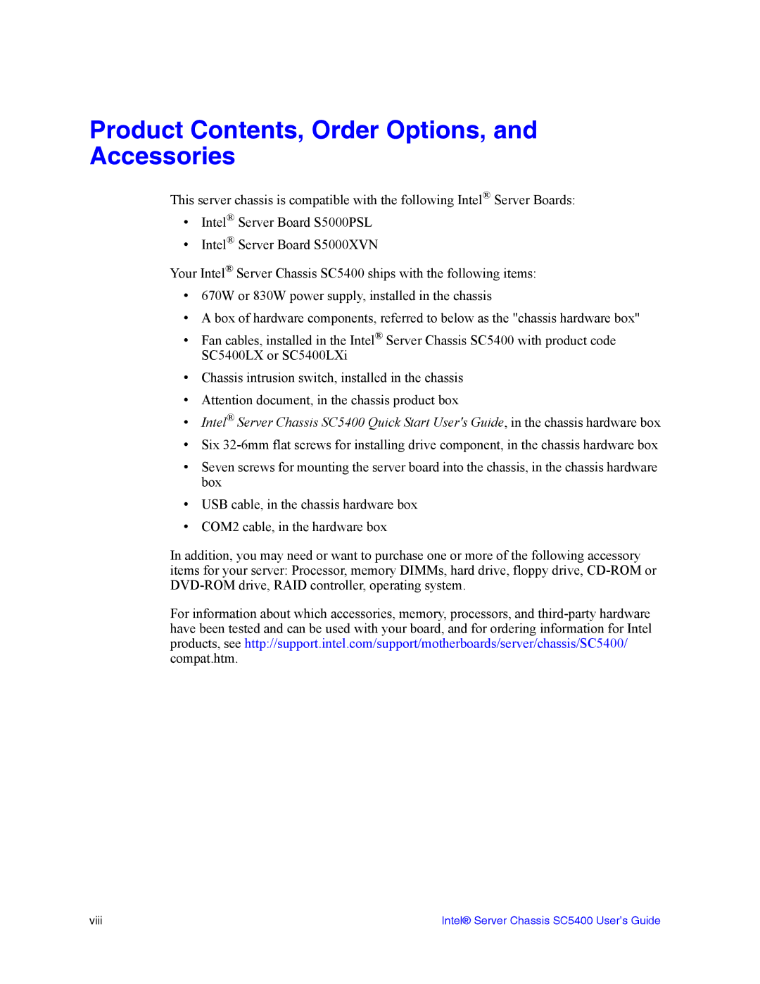 Intel SC5400 manual Product Contents, Order Options, and Accessories 