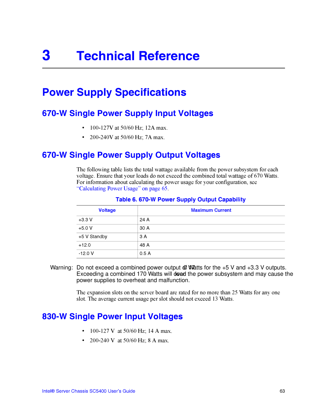 Intel SC5400 manual Power Supply Specifications, Single Power Supply Input Voltages, Single Power Supply Output Voltages 