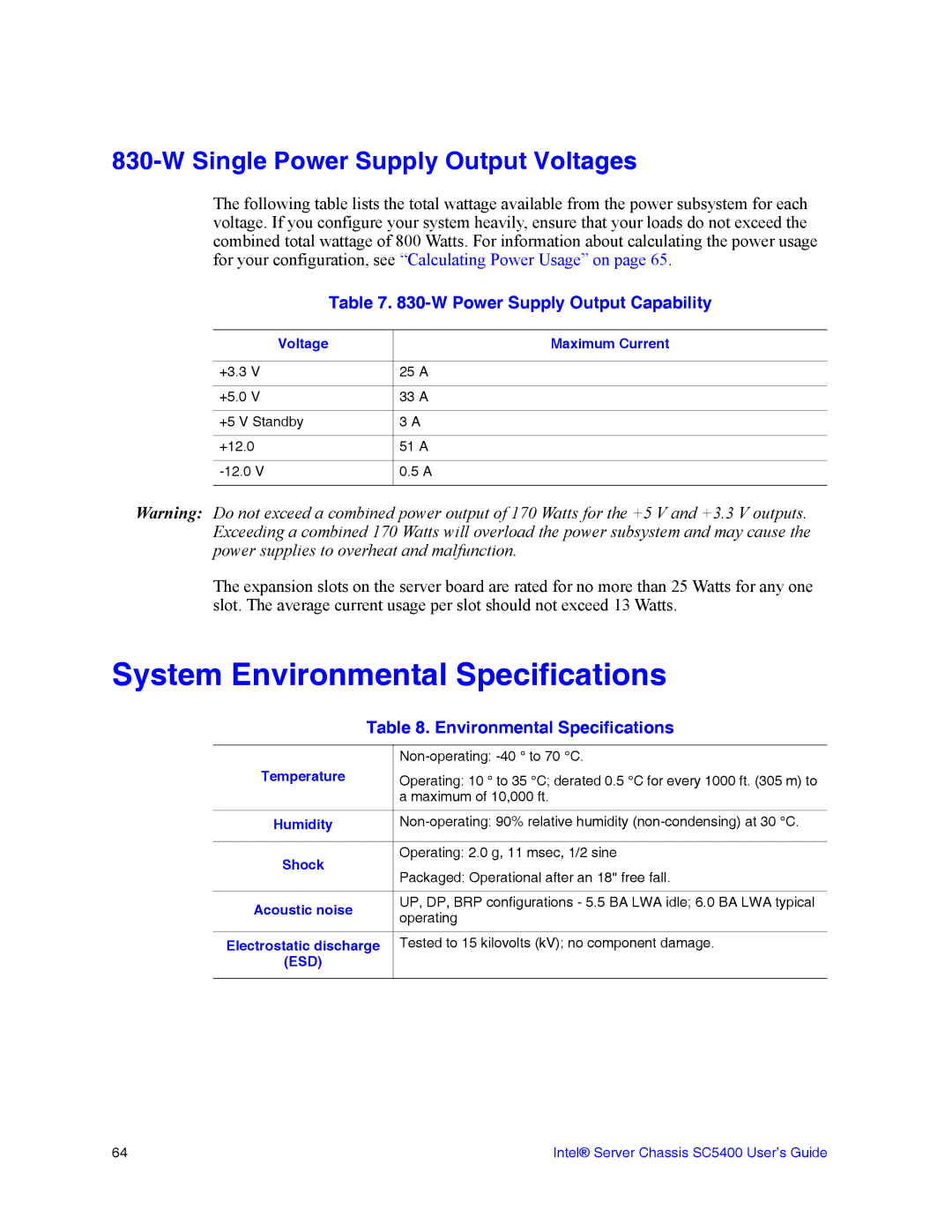 Intel SC5400 manual System Environmental Specifications 