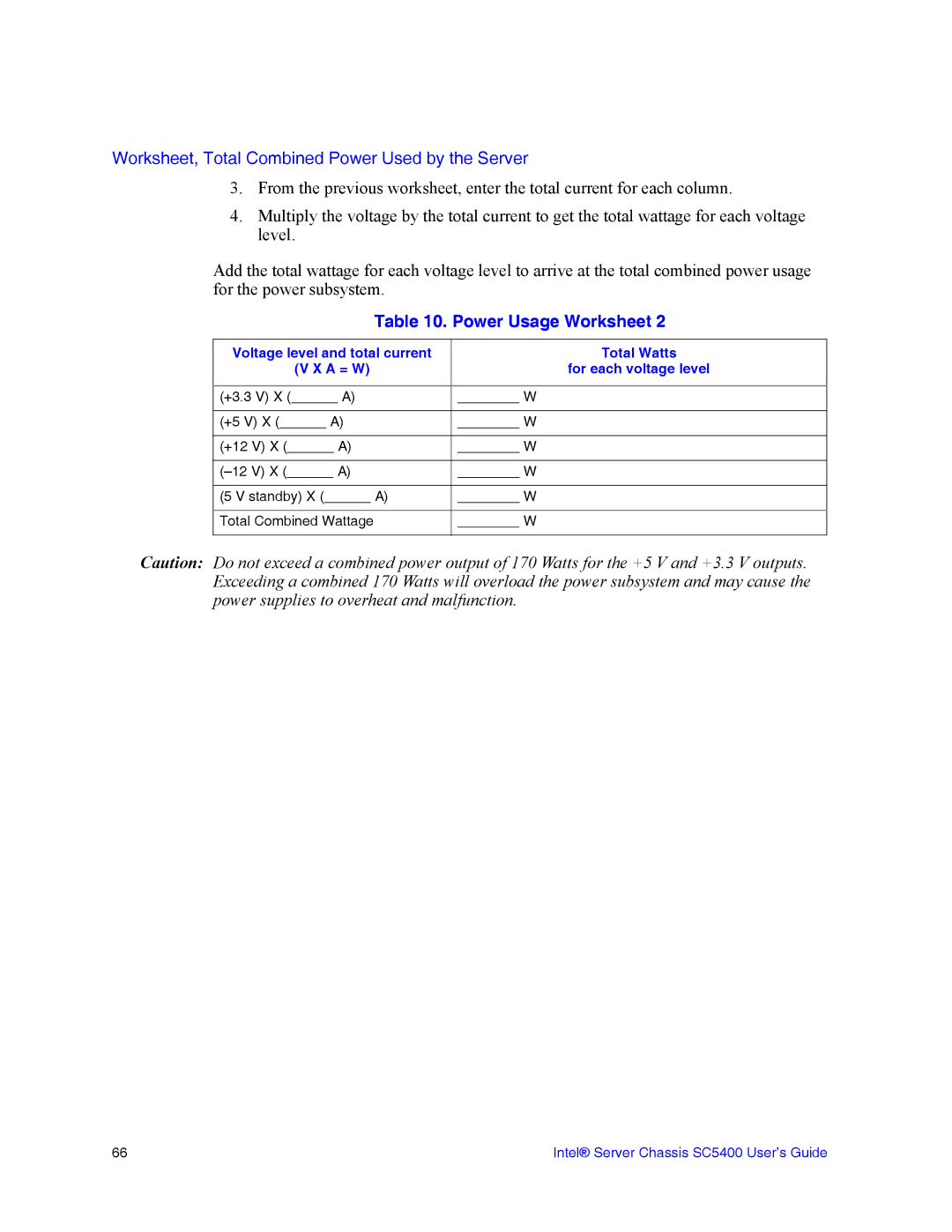 Intel SC5400 manual Worksheet, Total Combined Power Used by the Server 