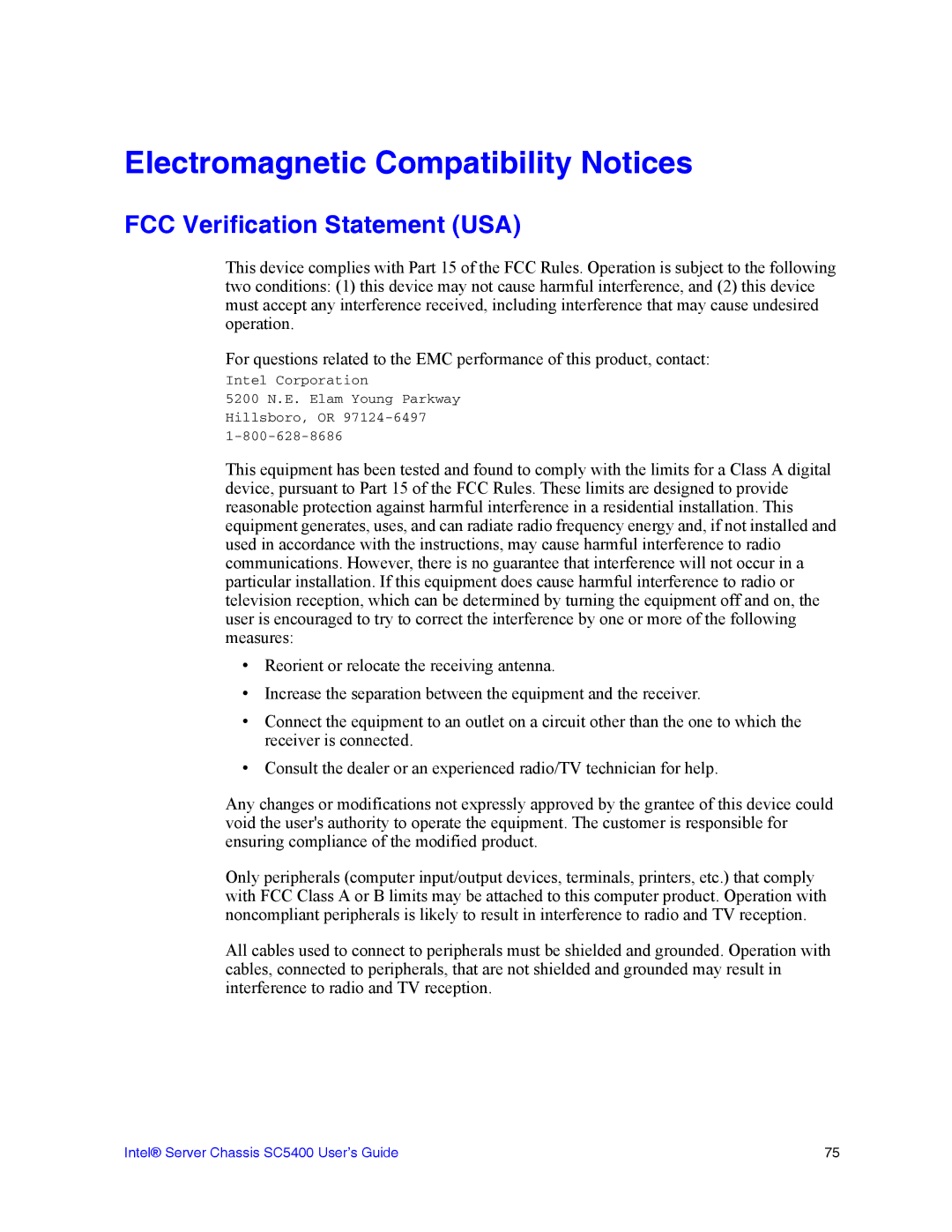 Intel SC5400 manual Electromagnetic Compatibility Notices, FCC Verification Statement USA 