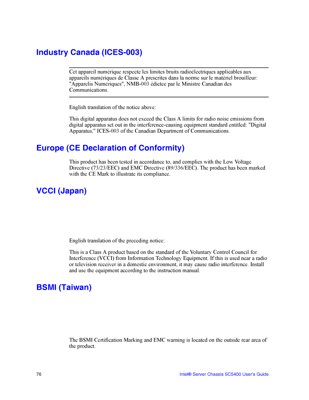 Intel SC5400 manual Industry Canada ICES-003, Europe CE Declaration of Conformity, Vcci Japan, Bsmi Taiwan 