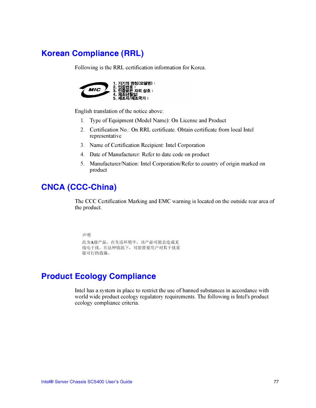 Intel SC5400 manual Korean Compliance RRL, Cnca CCC-China, Product Ecology Compliance 