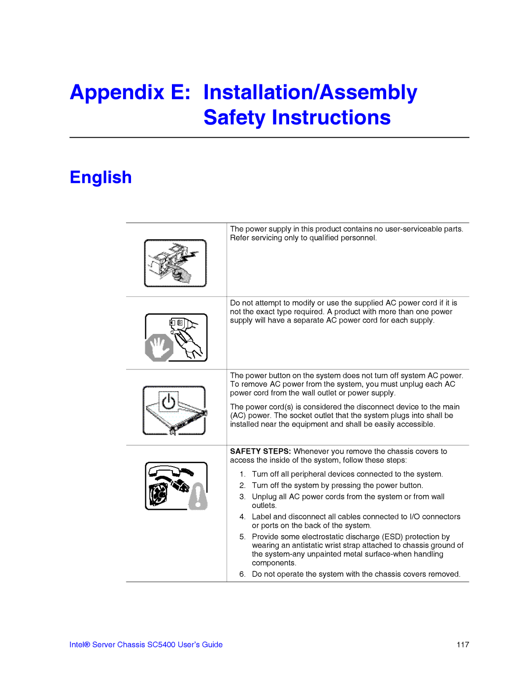 Intel SC5400 manual Appendix E Installation/Assembly Safety Instructions, English 