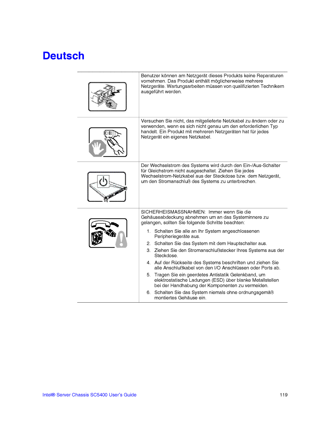 Intel manual Deutsch, Intel Server Chassis SC5400 User’s Guide 119 