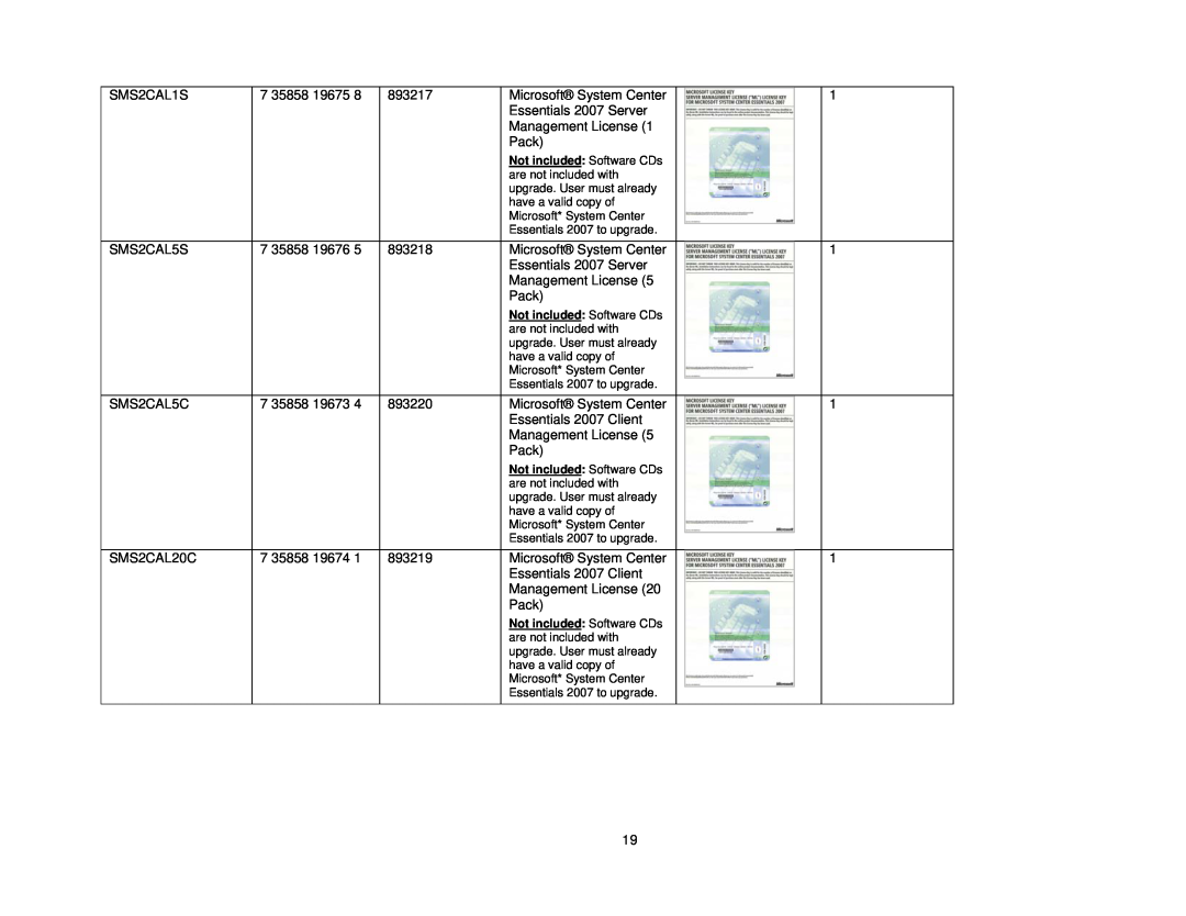 Intel S5500BC, SC5650, SR1630BC manual SMS2CAL1S SMS2CAL5S SMS2CAL5C SMS2CAL20C 