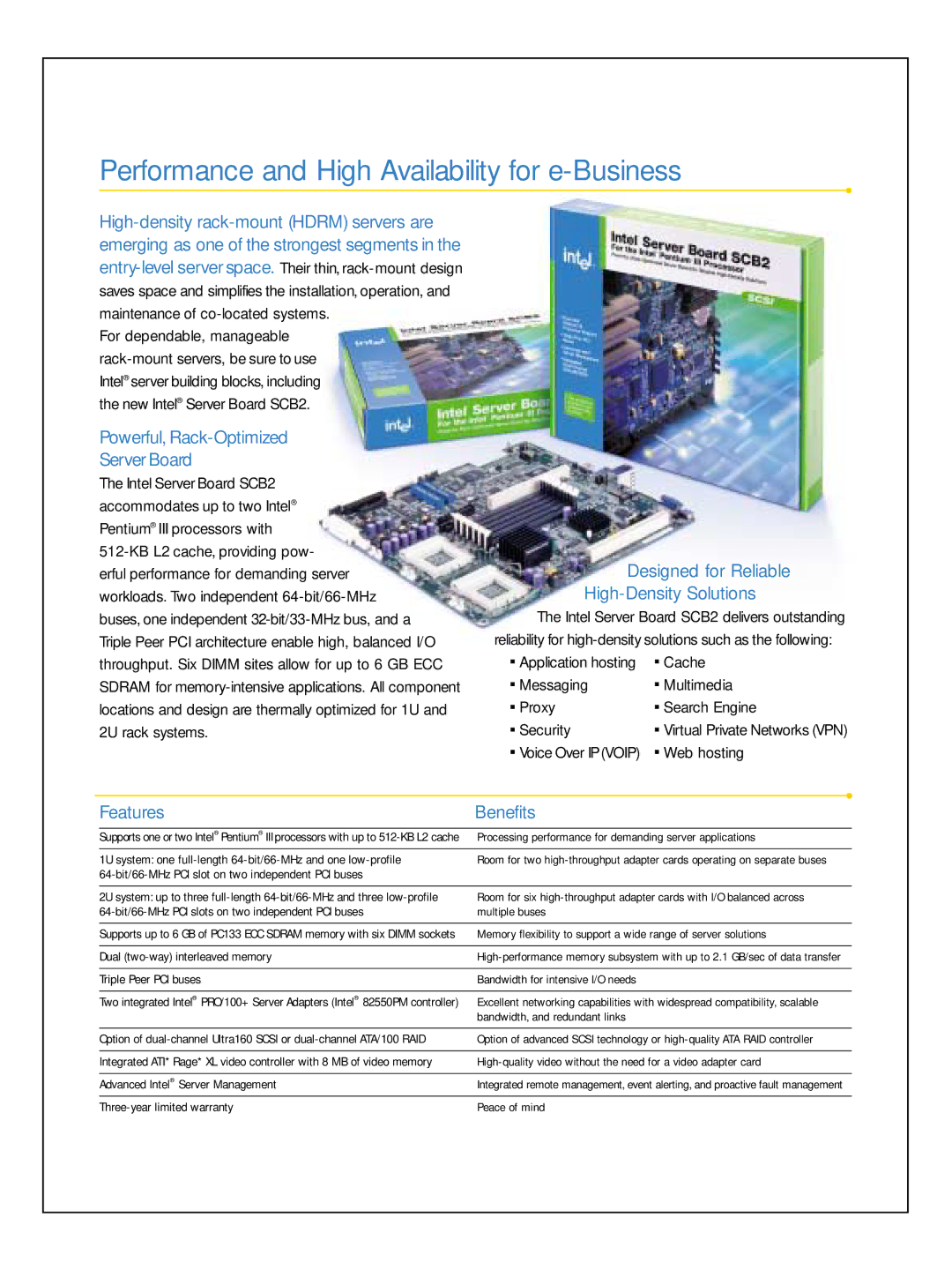 Intel SCB2 manual Performance and High Availability for e-Business, Powerful, Rack-Optimized ServerBoard, Features Benefits 