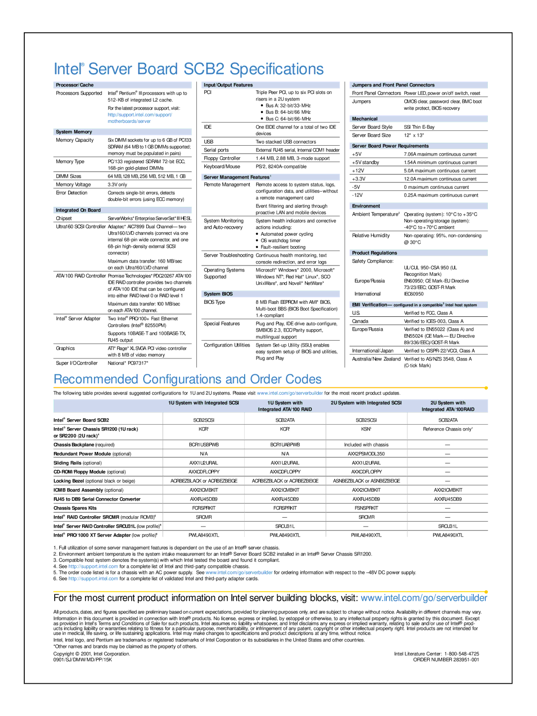 Intel manual Intel Server Board SCB2 Specifications, Processor/Cache 