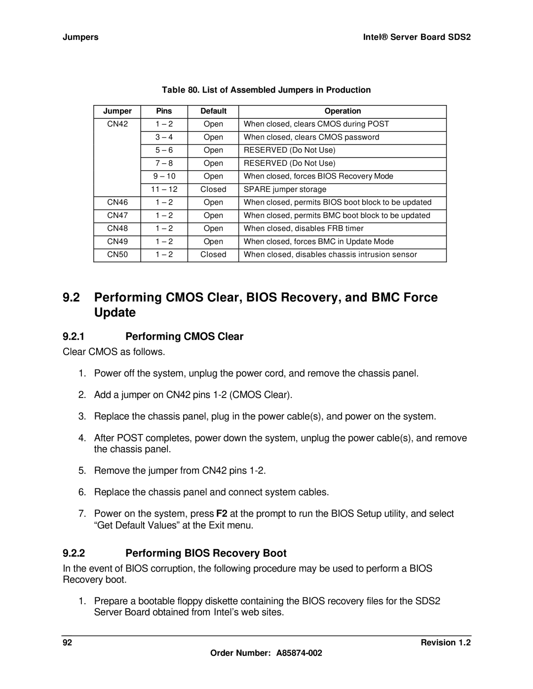 Intel SDS2 manual Performing Cmos Clear, Bios Recovery, and BMC Force Update, Performing Bios Recovery Boot 