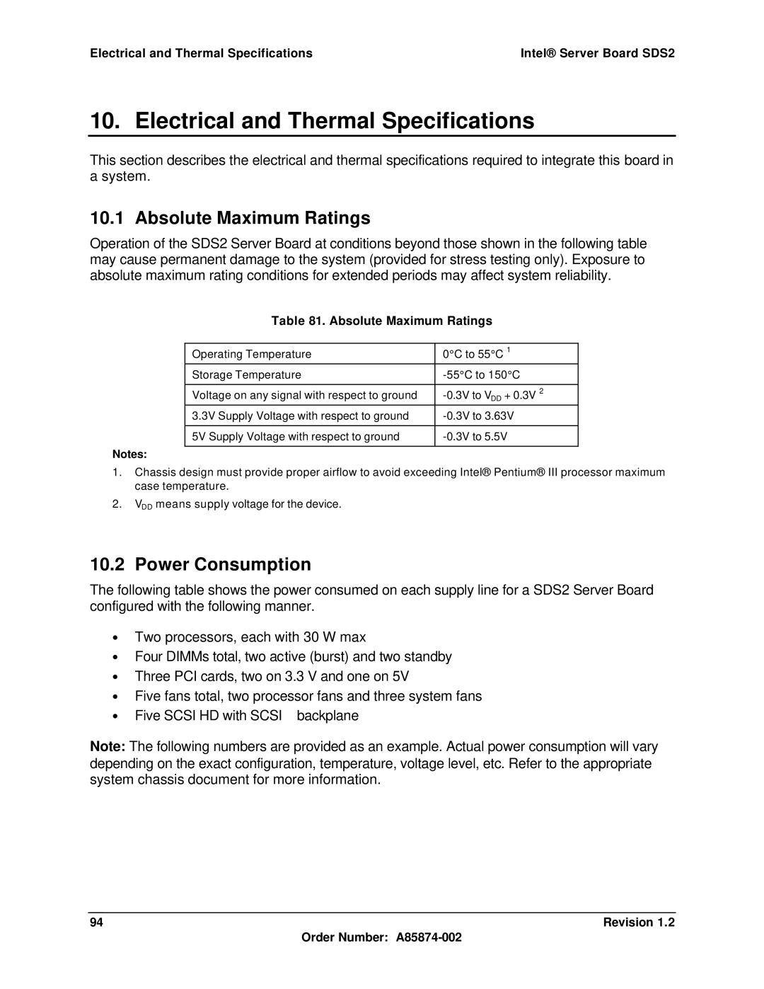 Intel SDS2 manual Electrical and Thermal Specifications, Absolute Maximum Ratings, Power Consumption 