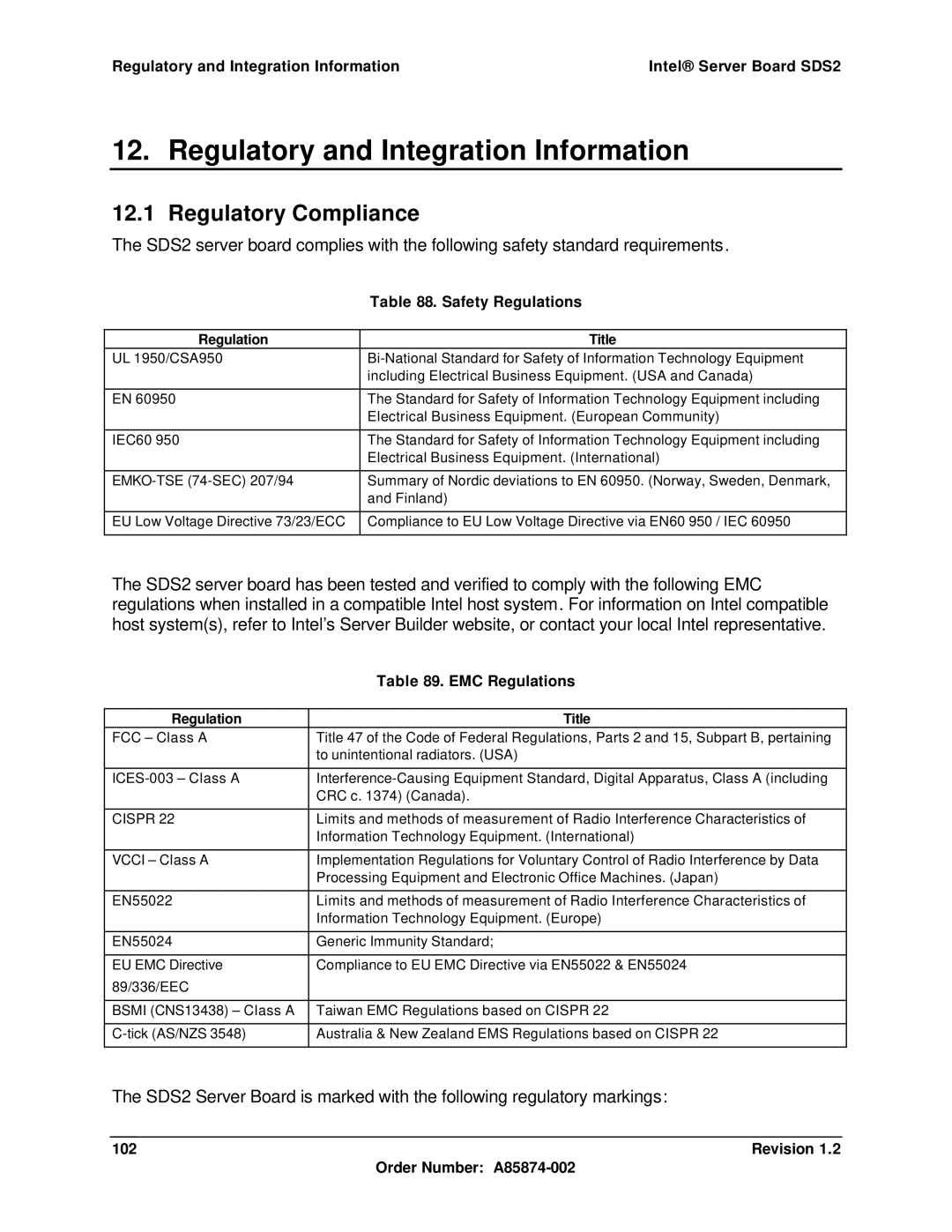 Intel SDS2 manual Regulatory and Integration Information, Regulatory Compliance, Safety Regulations, EMC Regulations 