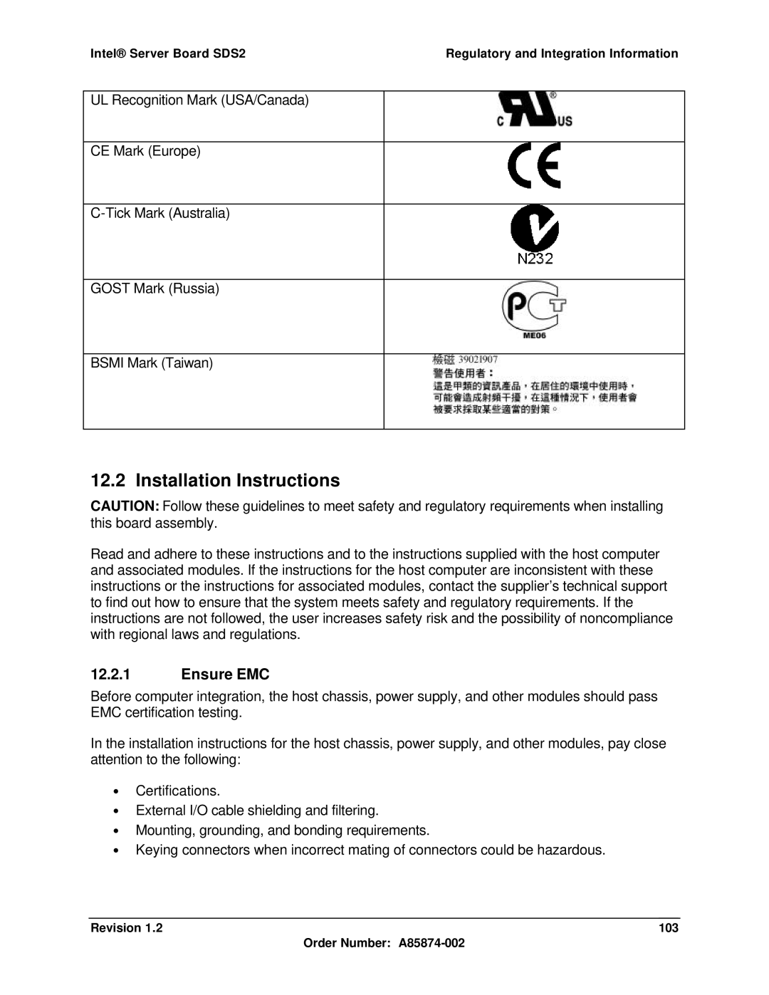 Intel SDS2 manual Installation Instructions, Ensure EMC, Revision 103 Order Number A85874-002 