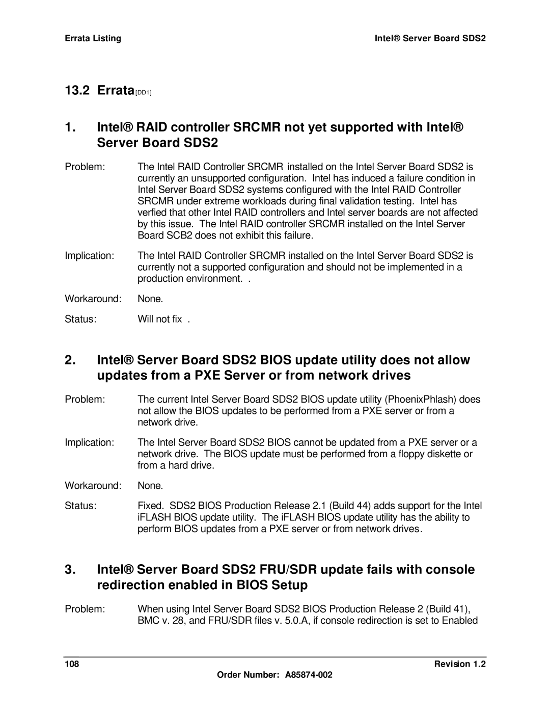 Intel SDS2 manual Revision Order Number A85874-002 