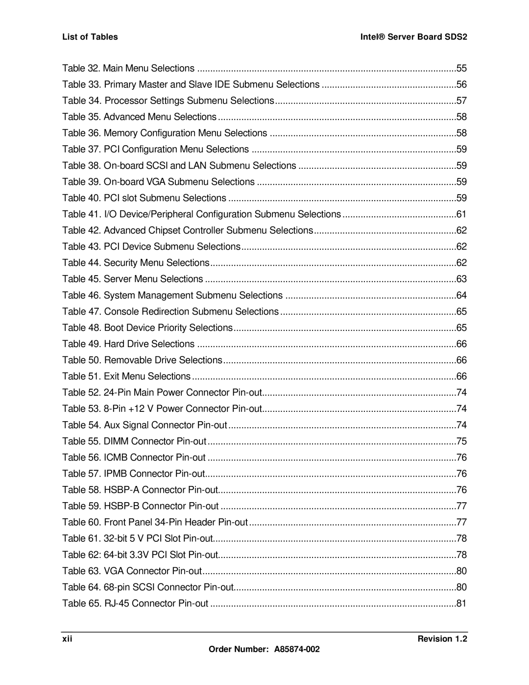 Intel manual List of Tables Intel Server Board SDS2, Xii Revision Order Number A85874-002 