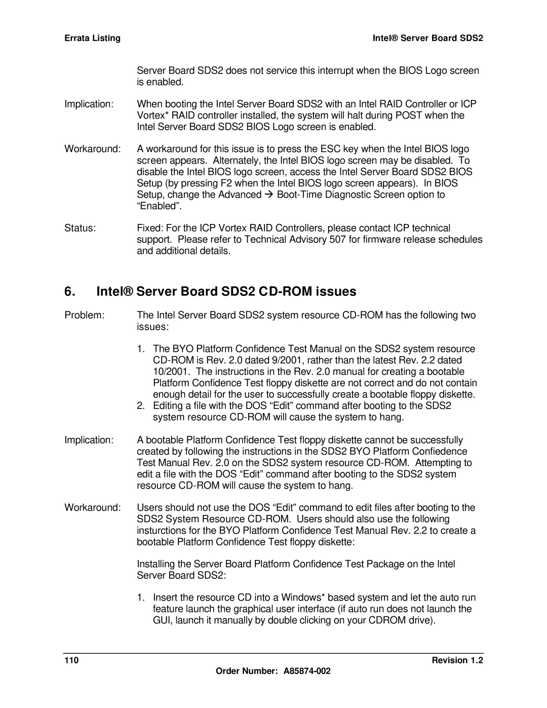 Intel manual Intel Server Board SDS2 CD-ROM issues, Revision Order Number A85874-002 