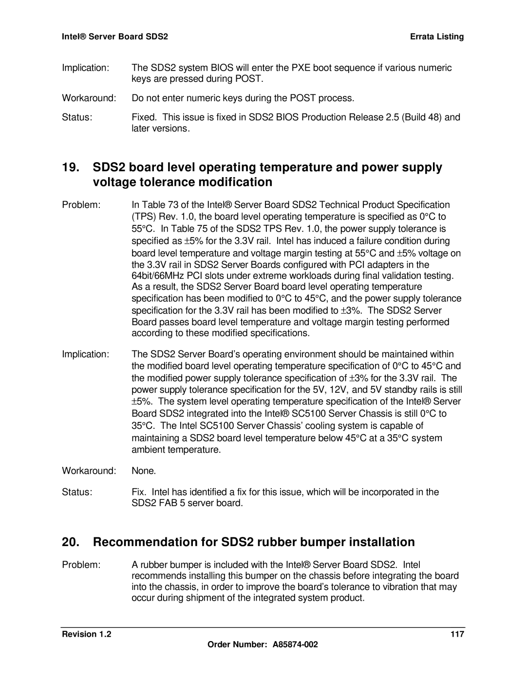 Intel manual Recommendation for SDS2 rubber bumper installation, Revision 117 Order Number A85874-002 