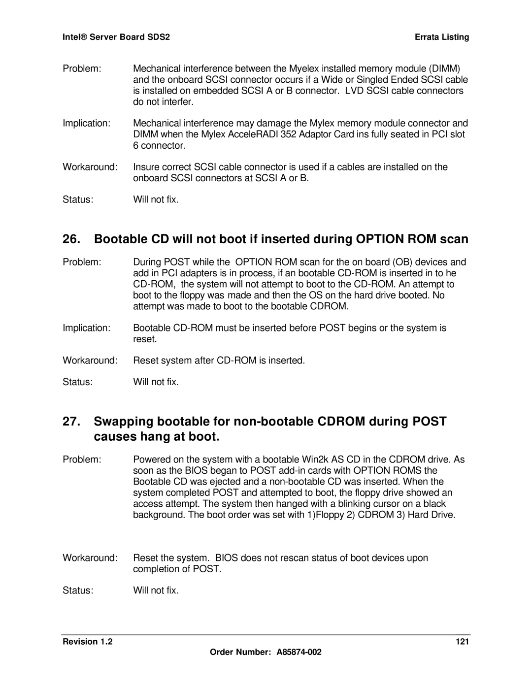 Intel SDS2 manual Bootable CD will not boot if inserted during Option ROM scan, Revision 121 Order Number A85874-002 