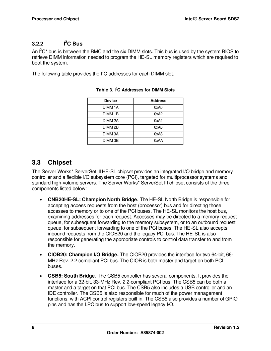 Intel SDS2 manual Chipset, 2 I2C Bus, I2C Addresses for Dimm Slots, Device Address 