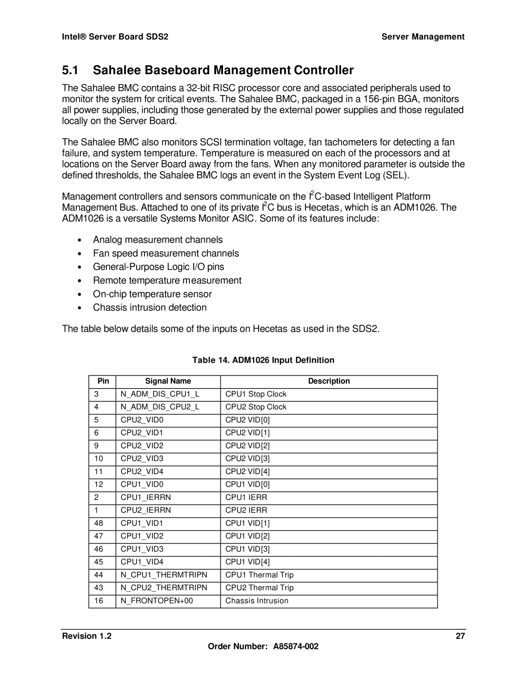 Intel SDS2 manual Sahalee Baseboard Management Controller, ADM1026 Input Definition, Pin Signal Name Description 