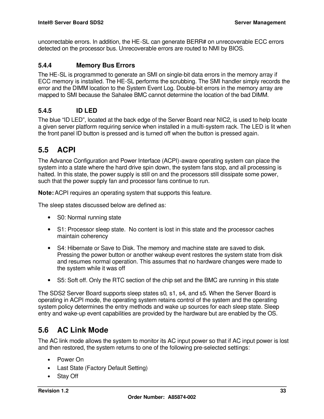 Intel SDS2 manual Acpi, AC Link Mode, Memory Bus Errors, Id Led 