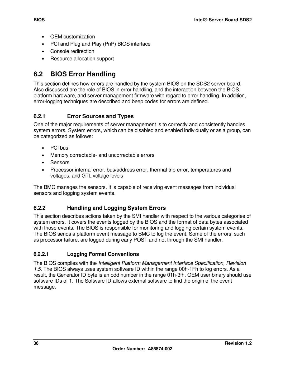 Intel SDS2 manual Bios Error Handling, Handling and Logging System Errors, Logging Format Conventions 