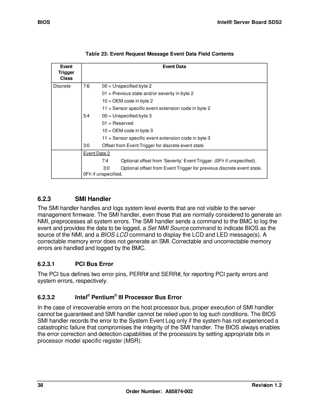 Intel SDS2 manual SMI Handler, PCI Bus Error, Intel Pentium III Processor Bus Error 