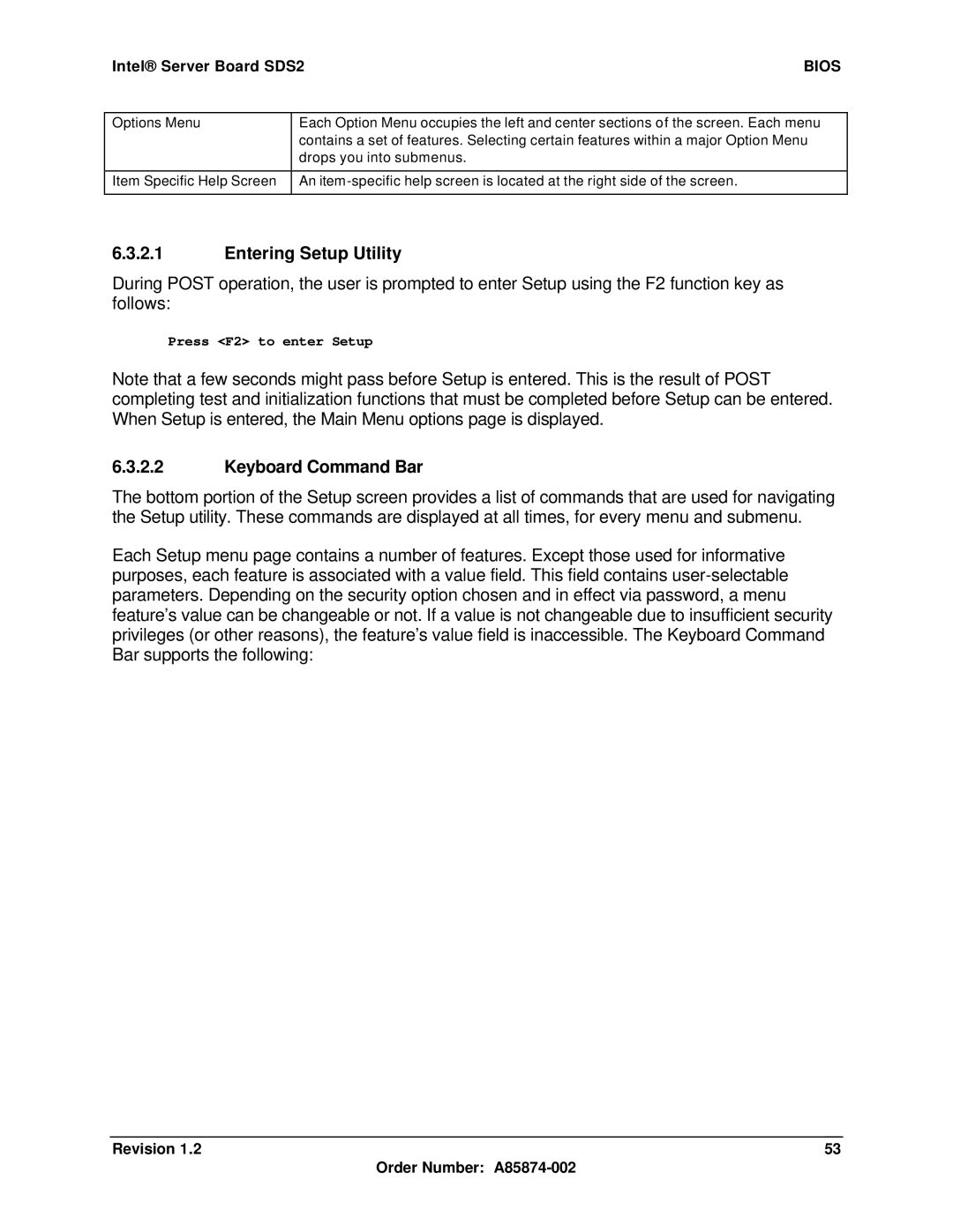 Intel SDS2 manual Entering Setup Utility, Keyboard Command Bar 