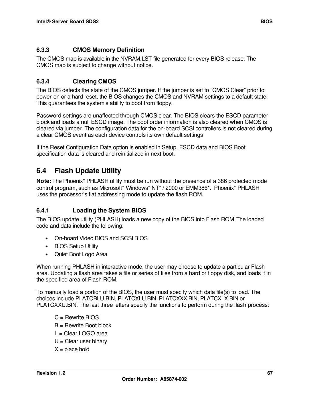 Intel SDS2 manual Flash Update Utility, Cmos Memory Definition, Clearing Cmos, Loading the System Bios 