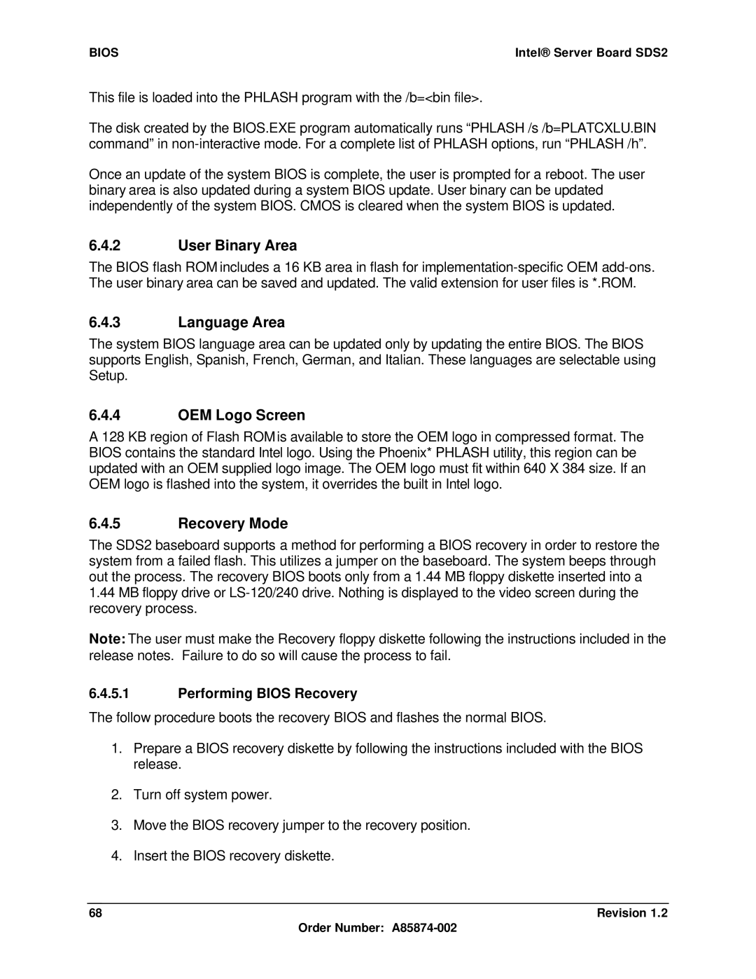 Intel SDS2 manual User Binary Area, Language Area, OEM Logo Screen, Recovery Mode, Performing Bios Recovery 