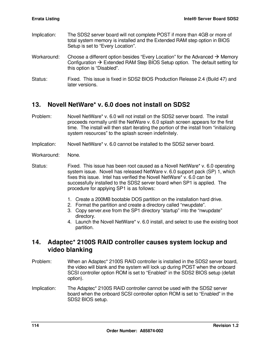 Intel manual Novell NetWare* v .0 does not install on SDS2, Revision Order Number A85874-002 