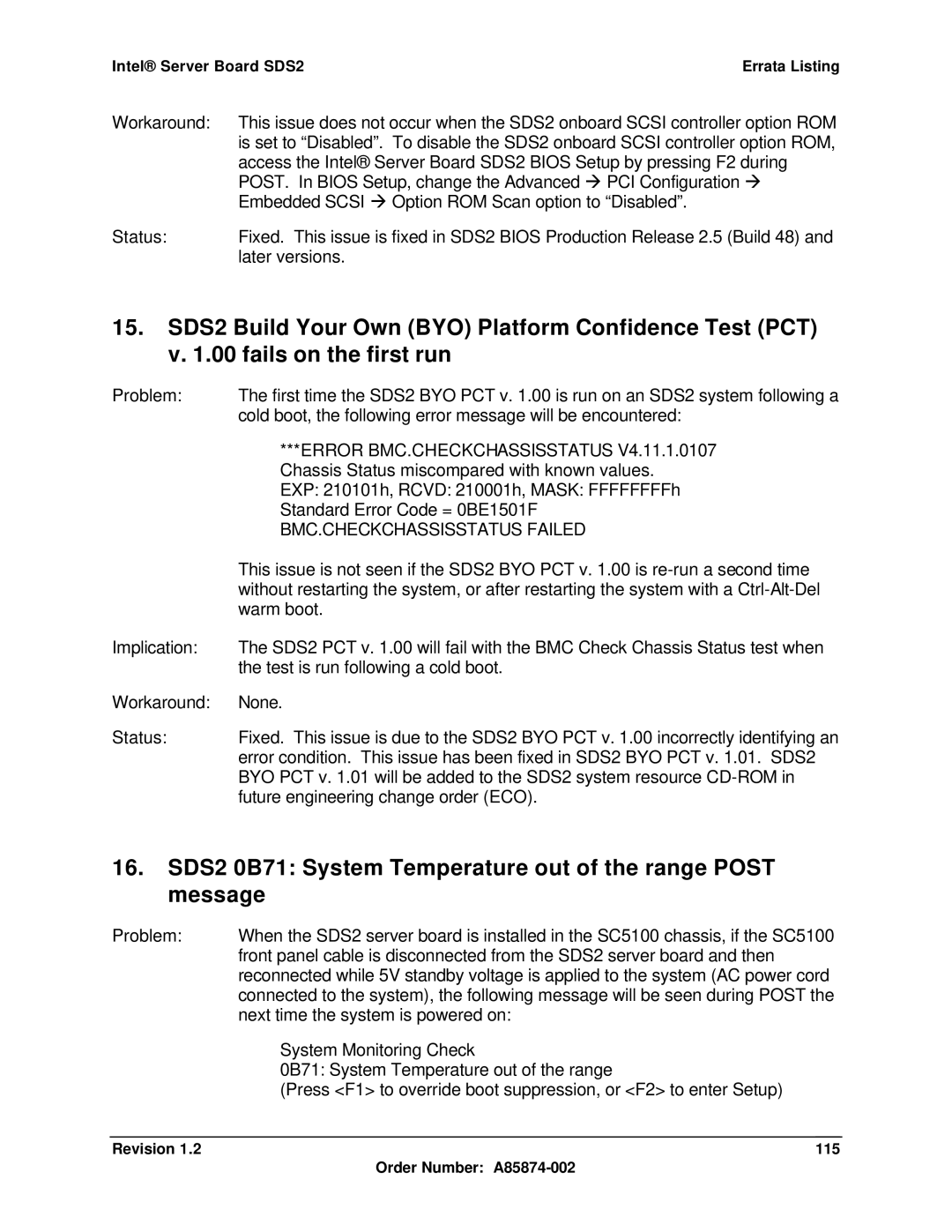 Intel manual SDS2 0B71 System Temperature out of the range Post message, Revision 115 Order Number A85874-002 