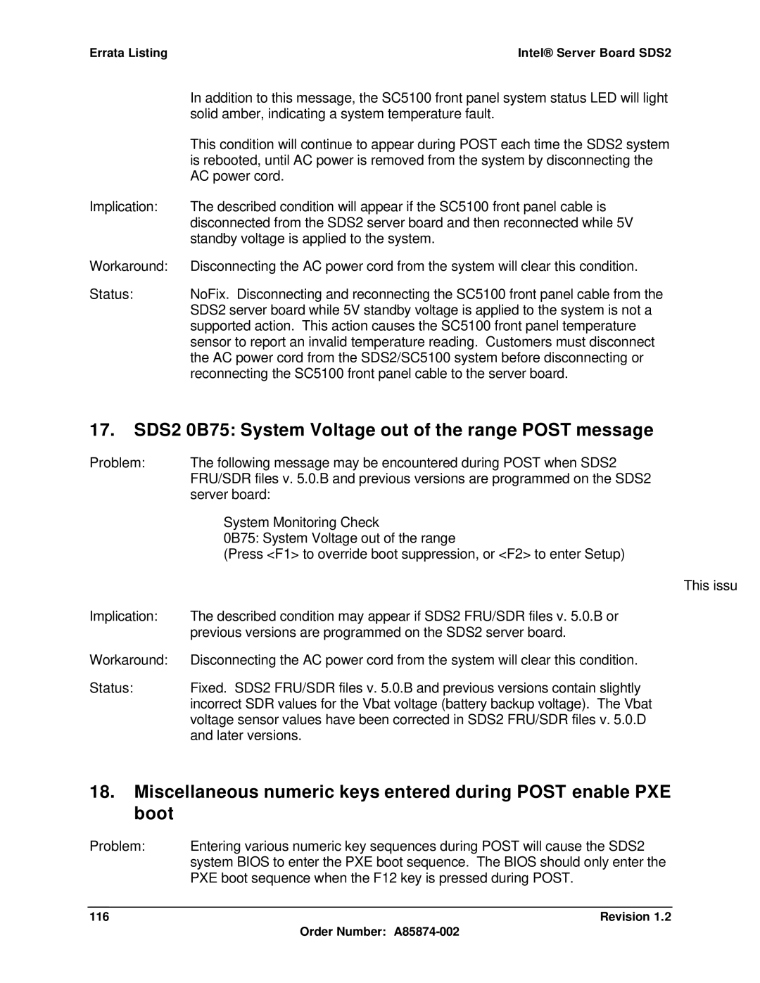 Intel manual SDS2 0B75 System Voltage out of the range Post message, Revision Order Number A85874-002 