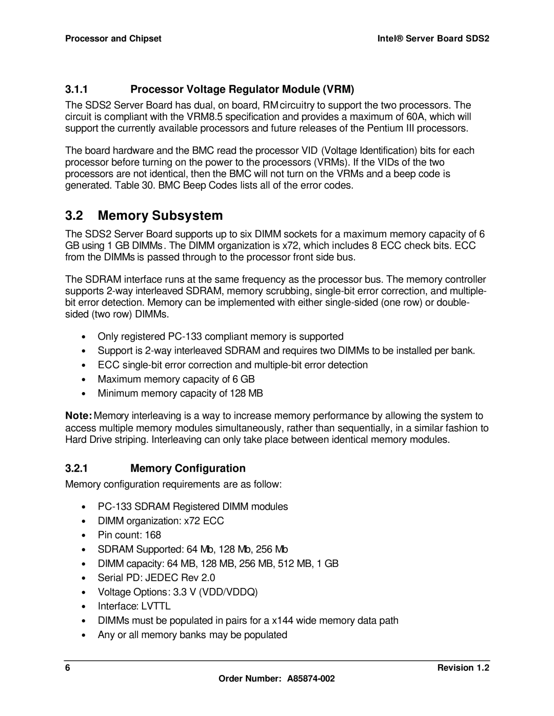 Intel SDS2 manual Memory Subsystem, Processor Voltage Regulator Module VRM, Memory Configuration 