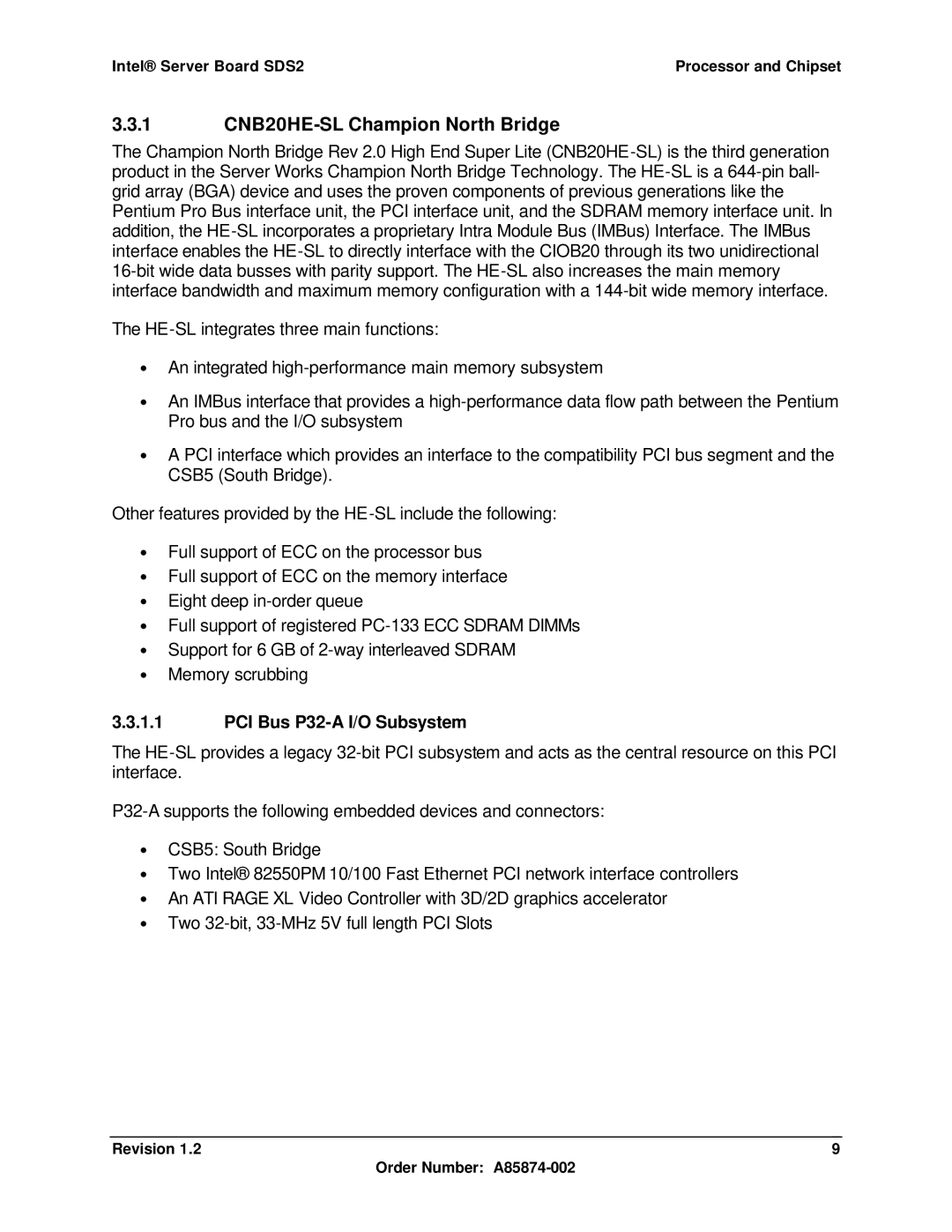 Intel SDS2 manual 1 CNB20HE-SL Champion North Bridge, PCI Bus P32-A I/O Subsystem 