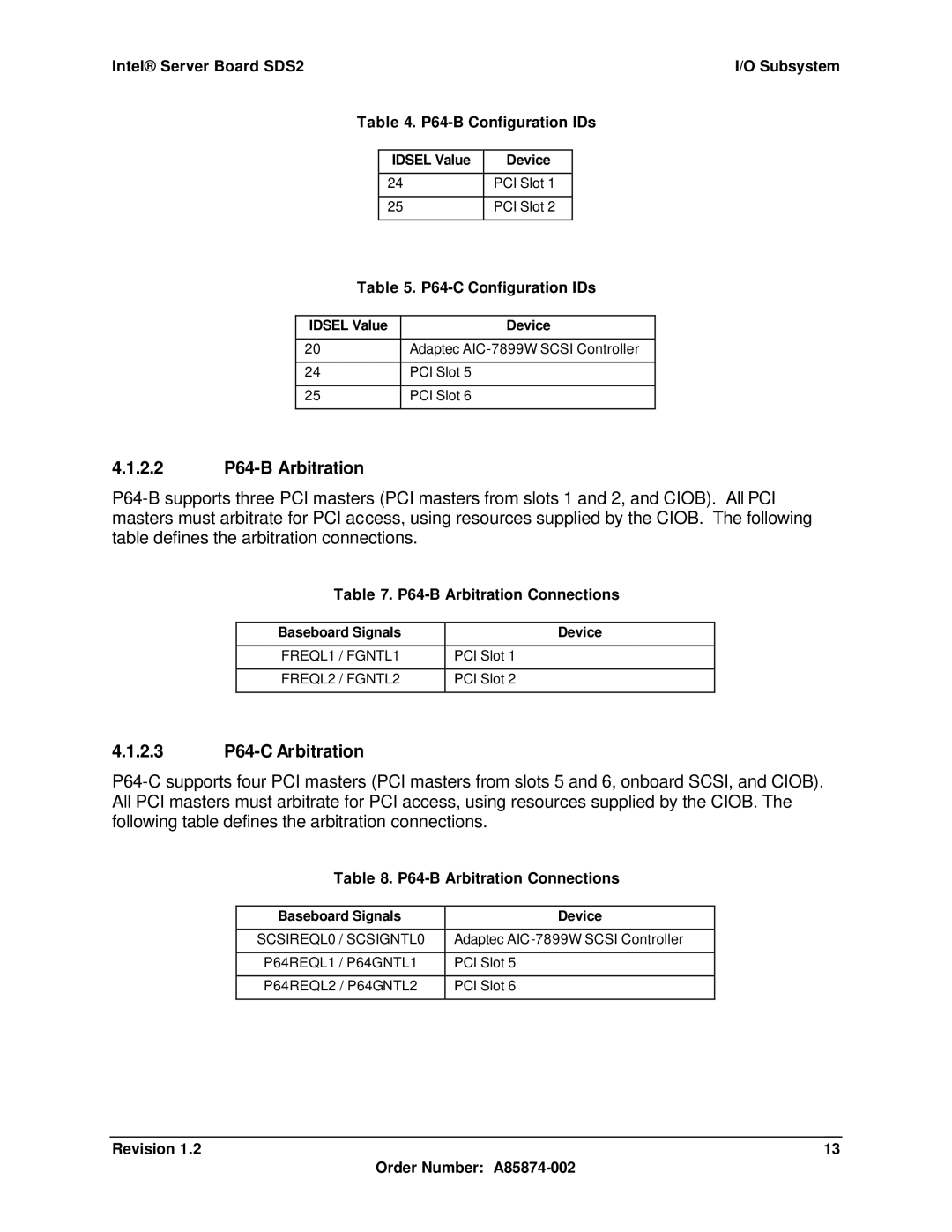 Intel manual 2.2 P64-B Arbitration, 2.3 P64-C Arbitration, Intel Server Board SDS2 Subsystem P64-B Configuration IDs 