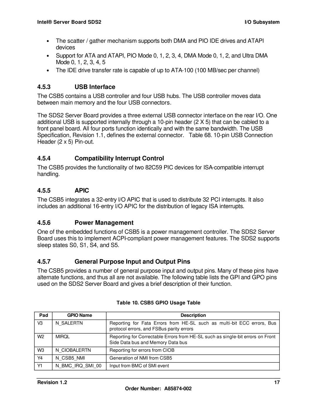 Intel SDS2 USB Interface, Compatibility Interrupt Control, Apic, Power Management, General Purpose Input and Output Pins 