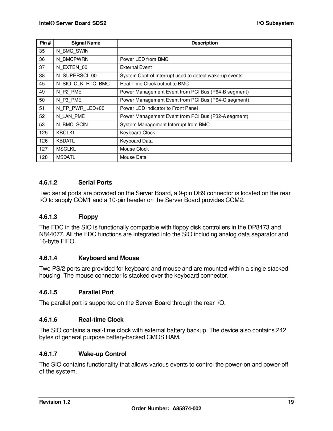 Intel SDS2 manual Serial Ports, Floppy, Keyboard and Mouse, Parallel Port, Real-time Clock, Wake-up Control 